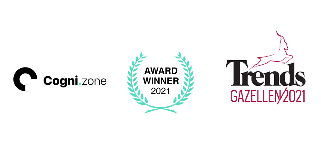 Graphic showing 3 elements in line. On the left, the Cognizone logo, in the middle an "Award Winner 2021" icon and on the right, the Trends Gazellen 2021 logo.