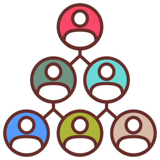 Diagram of a pyramid-shaped 3-level vertical hierarchy. Each level is made up of a number of small round icons.
The first level has one icon, linked to two icons on the second level, which are each linked to three icons on the third level.
Each icon consists of a circle with a thick, dark border, a coloured background and a silhouette of a person in the centre of the circle.