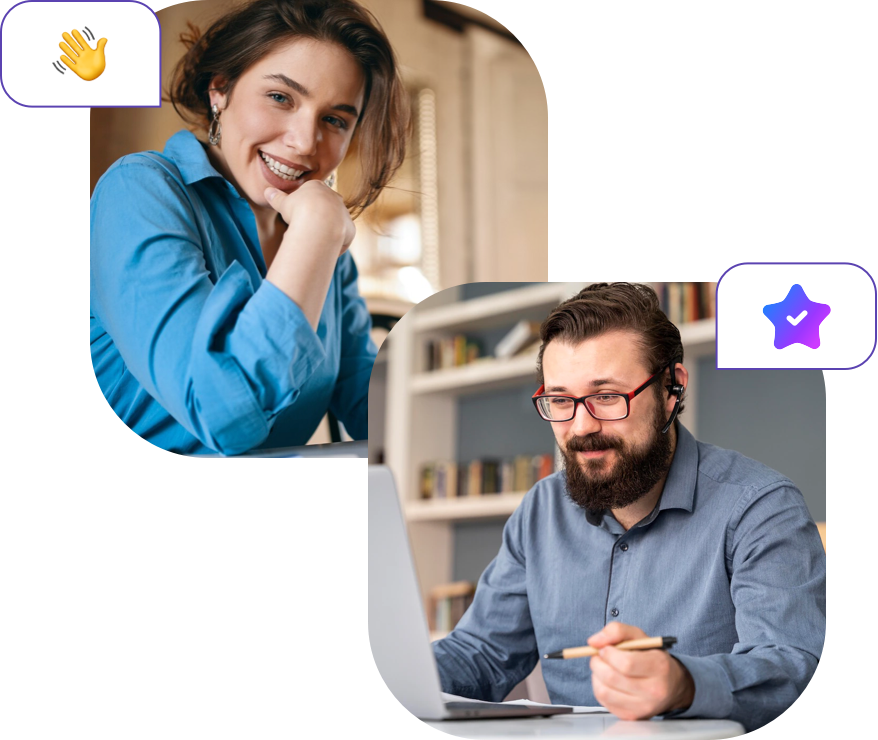 Images used to illustrate the concept of endorsement on the homepage of the iReveal application.
A woman, smiling broadly, looks up at the lens, topped by a small conversation bubble containing a shaking hand icon.
Below, a smiling man looks at his laptop and is accompanied by a small bubble containing the star icon used in the REVEAL logo.