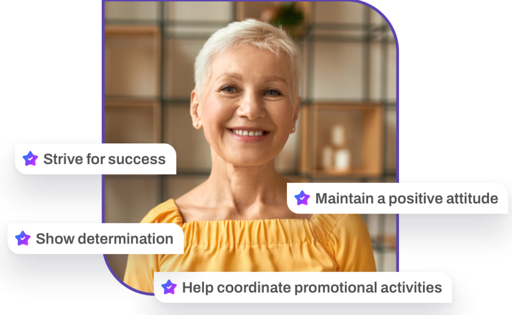 A smiling woman with short grey hair is surrounded by several white blocks, each containing the star from the Reveal logo and a word: Strive for success, Show determination, Help coordinate promotional activities, Maintain a positive attitude. This image is used on the homepage of the app iREVEAL